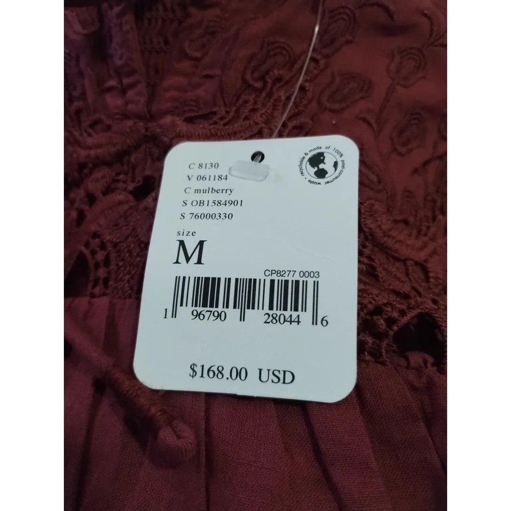 Free People All Mine Mini Boho Peasant Dress Burgundy Women's‎ M Puff Sleeves